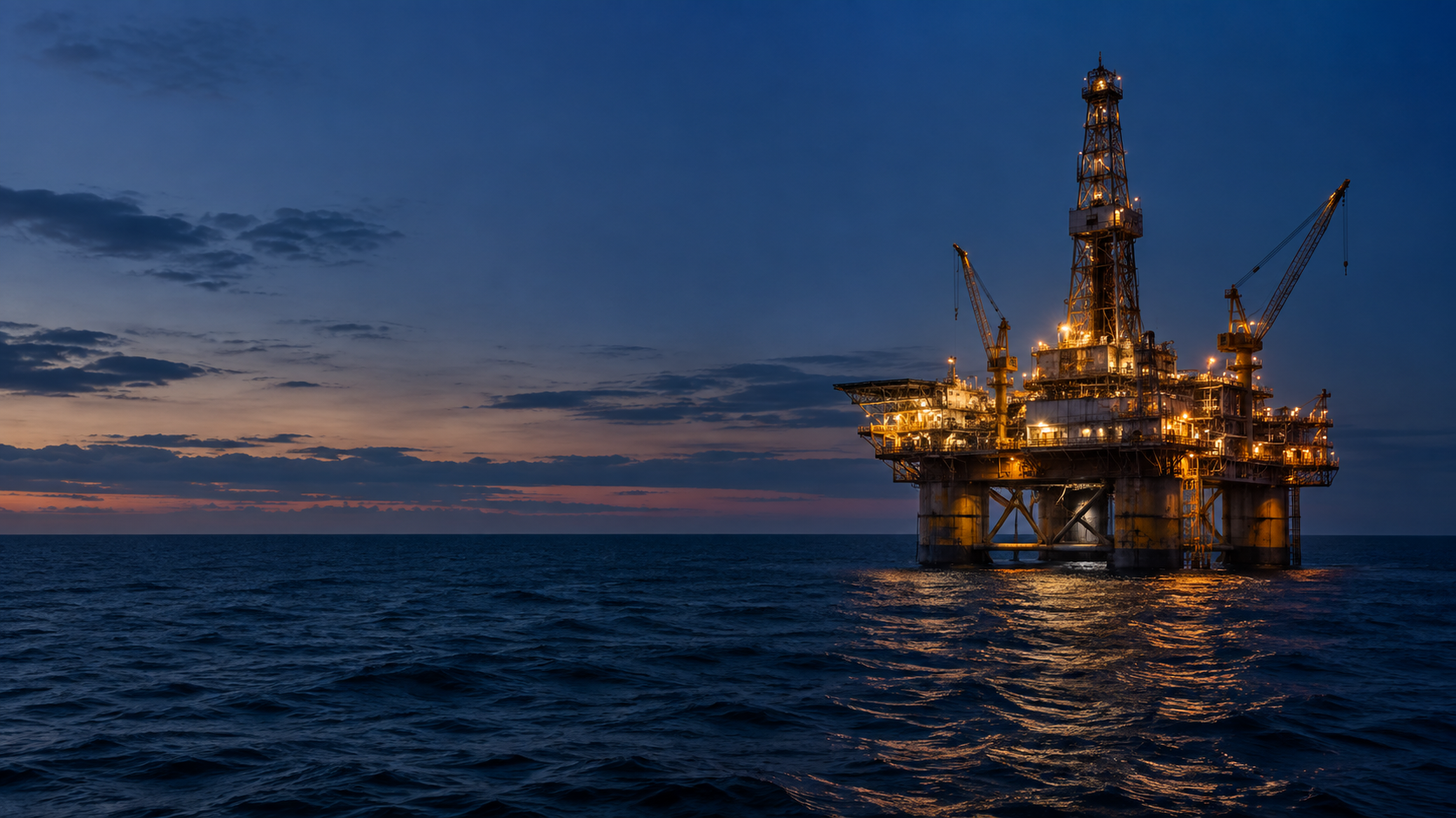 Illustrative offshore drilling platform illuminated at blue hour